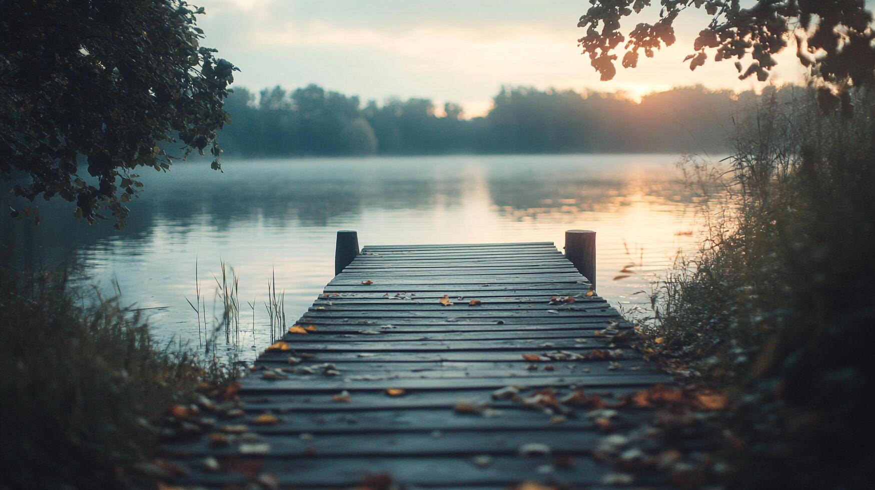 A tranquil wooden dock stretches into a foggy lake at sunrise, offering a sense of stillness and the promise of a new day amidst the quiet beauty of nature. photo