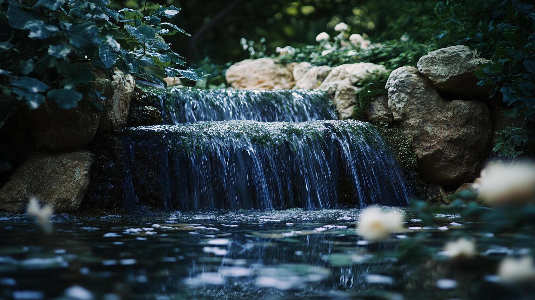 A serene waterfall cascades over rocks, surrounded by vibrant foliage, creating a peaceful natural oasis perfect for relaxation and contemplation amidst nature's beauty. photo