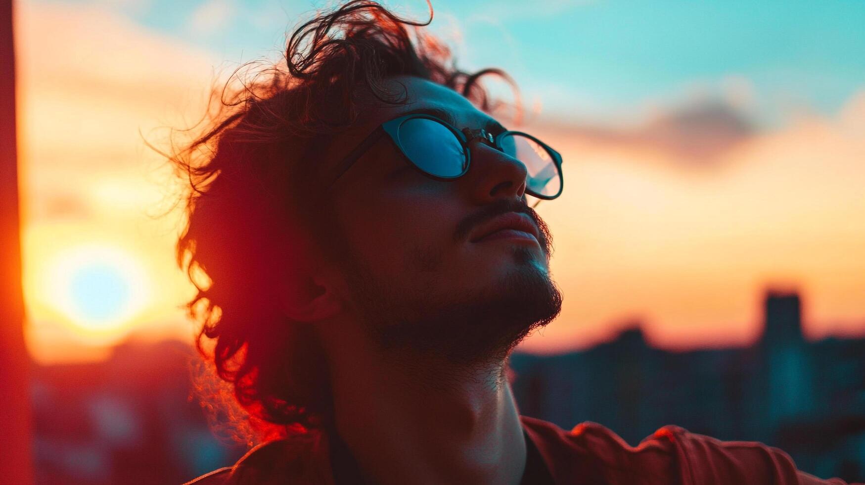 A young man poses with sunglasses reflecting the vibrant sunset colors, capturing the essence of youth, style, and the beauty of golden hour moments. photo