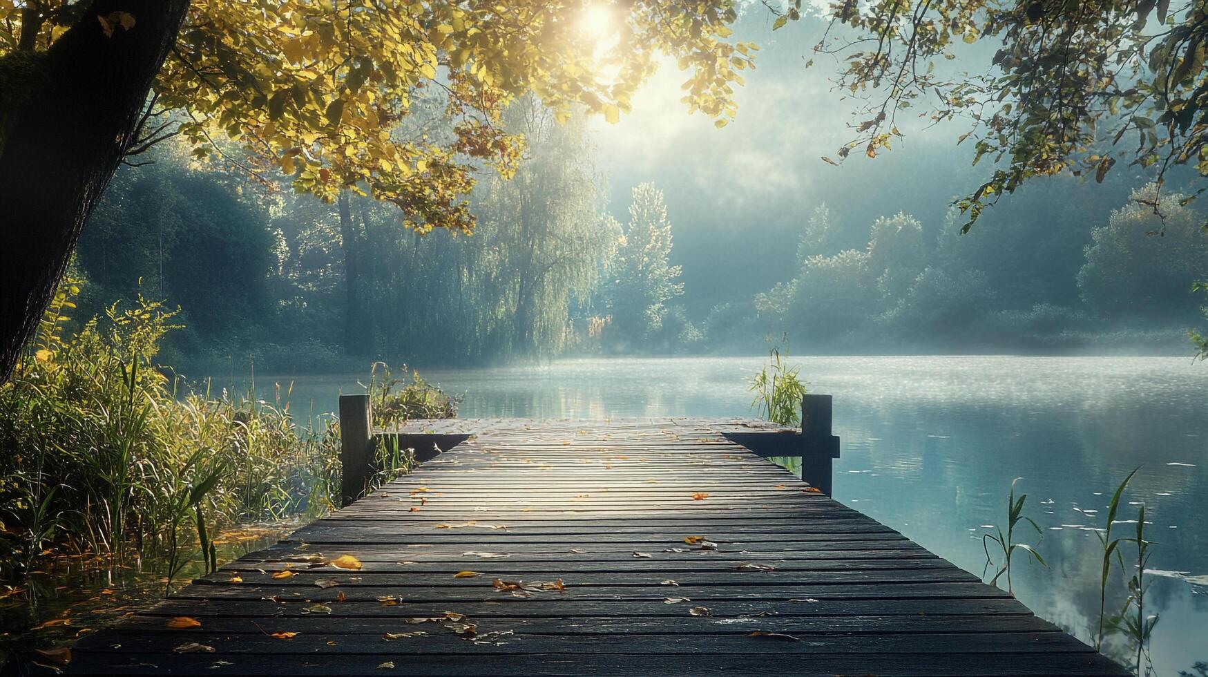 A charming wooden pier emerges from a foggy setting, creating an enchanting scene of still waters and lush greenery, inviting exploration and reflection in this peaceful place. photo