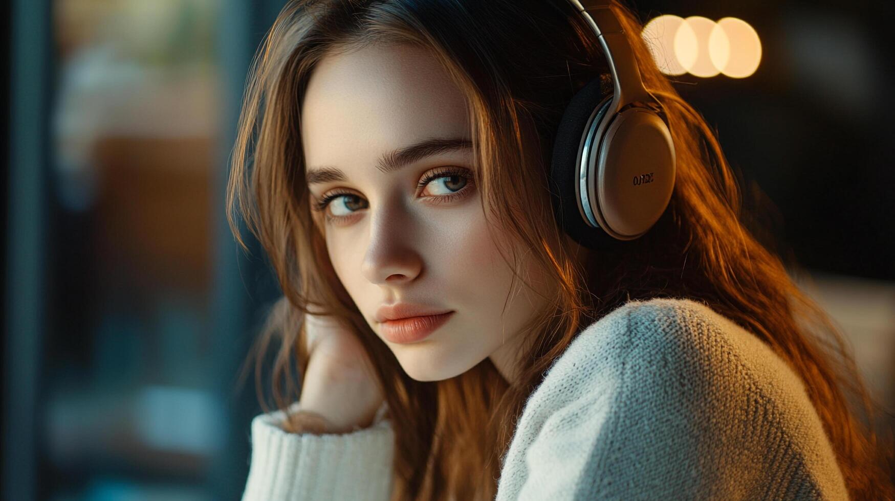 A captivating young woman with headphones lost in music, embodying the essence of relaxation and self-expression in a cozy, inviting environment. photo