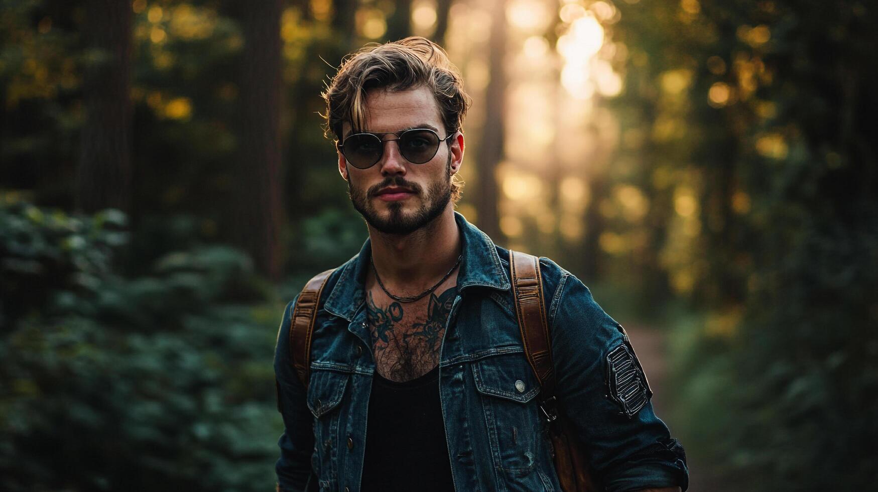 A stylish man stands confidently in a sunlit forest path, exuding charisma and modern edge amidst the beauty of nature and warm golden light. photo