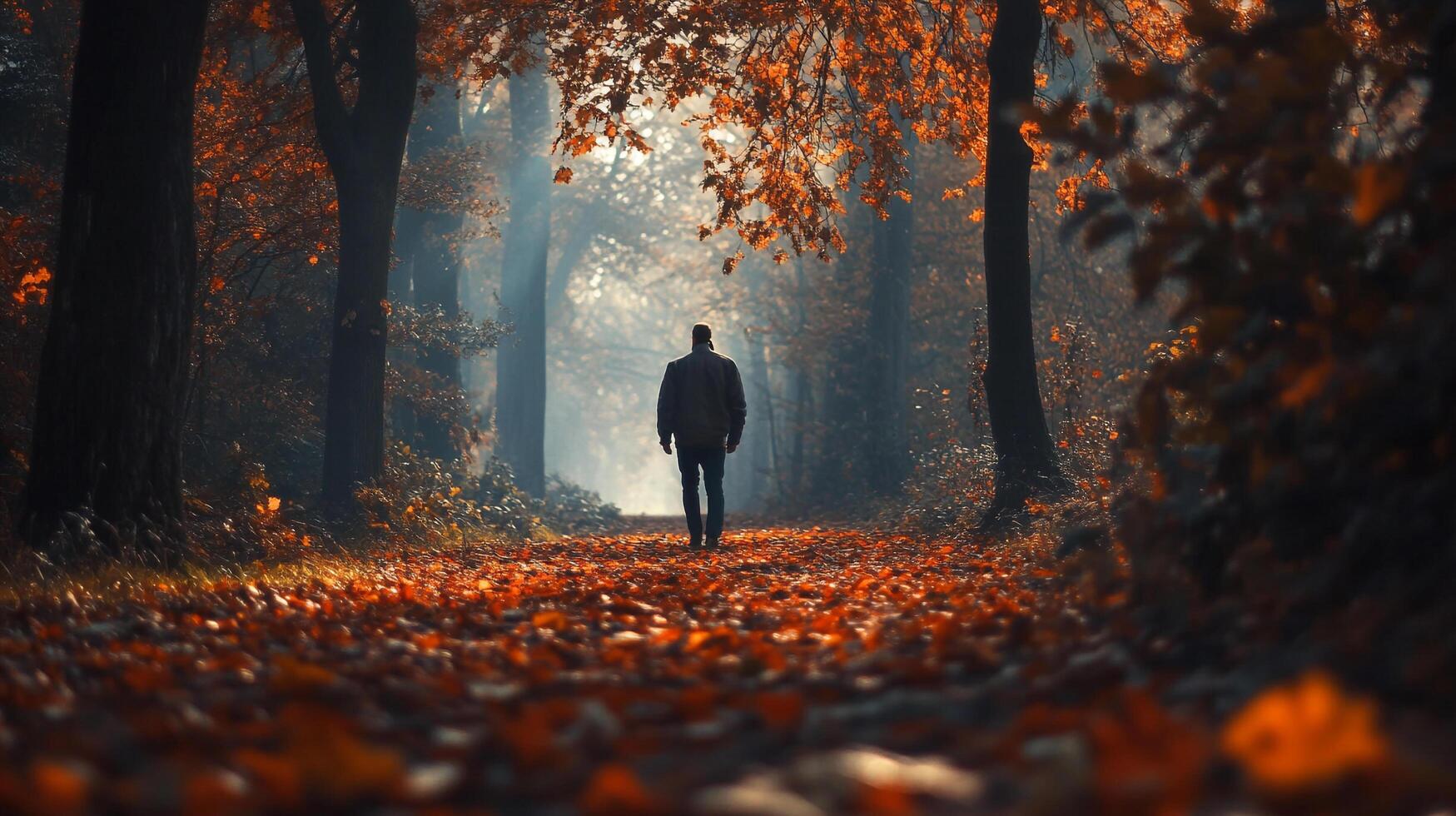 A solitary figure walks through a path blanketed with autumn leaves, immersed in the warm and inviting atmosphere of a forest during fall. photo