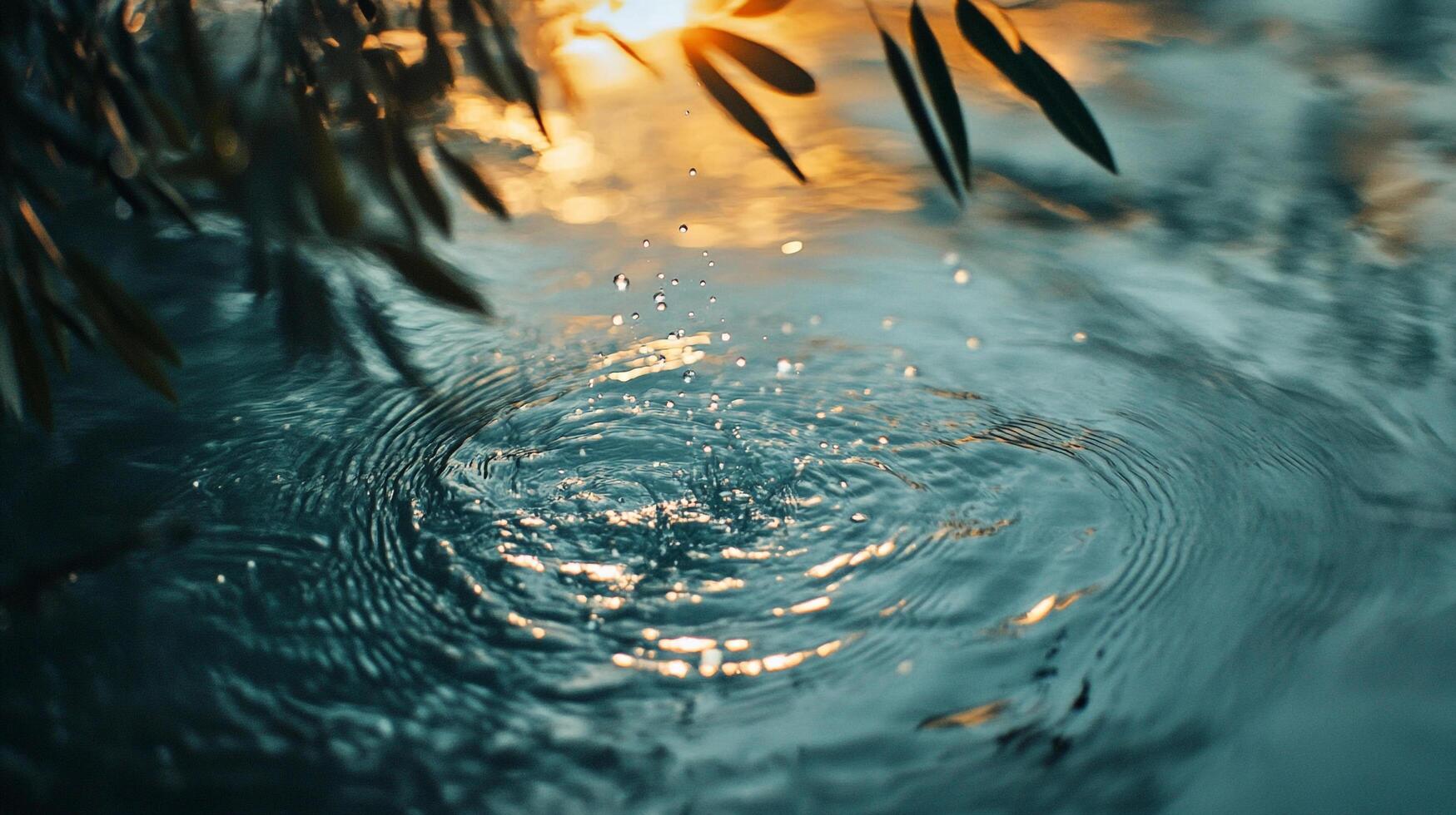 Subtle ripples spread across water's surface, mirroring the colorful reflections of a setting sun, creating a mesmerizing and tranquil ambiance in nature. photo