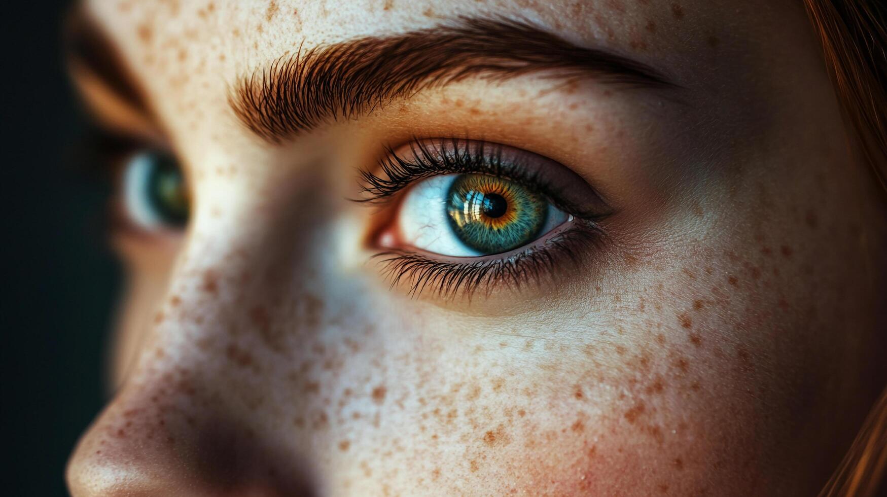 A stunning close-up of beautiful green eyes with freckles, captivating viewers with their depth and expressiveness, revealing emotions and inner beauty through striking colors. photo