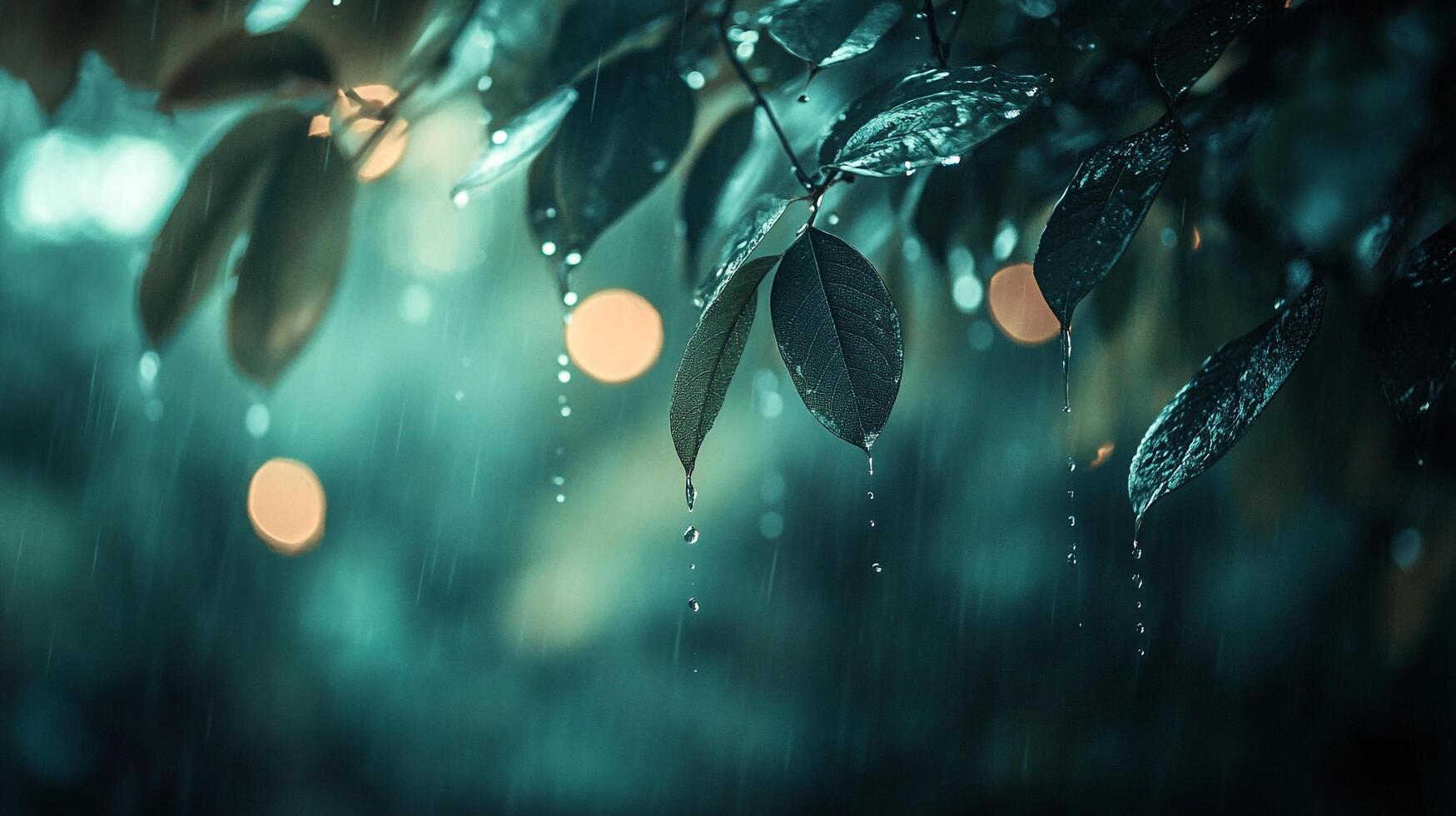 This mesmerizing image portrays leaves adorned with glistening water droplets during rain, capturing the essence of freshness and tranquility amidst a lush green backdrop. photo