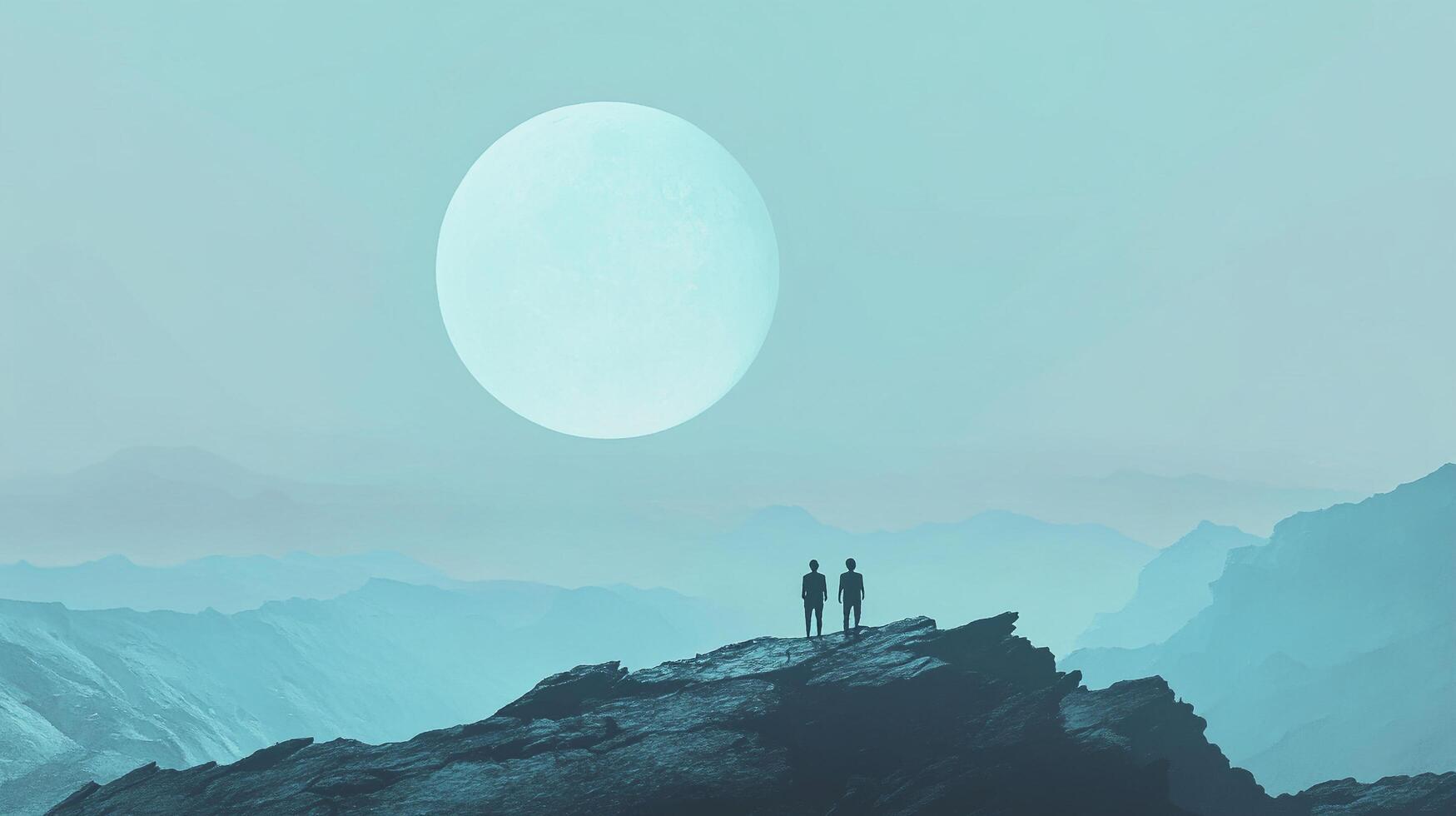 Two silhouettes stand atop rocky terrain beneath a giant moon, creating a scene filled with mystery and intrigue, inviting viewers into a world of exploration and wonder. photo
