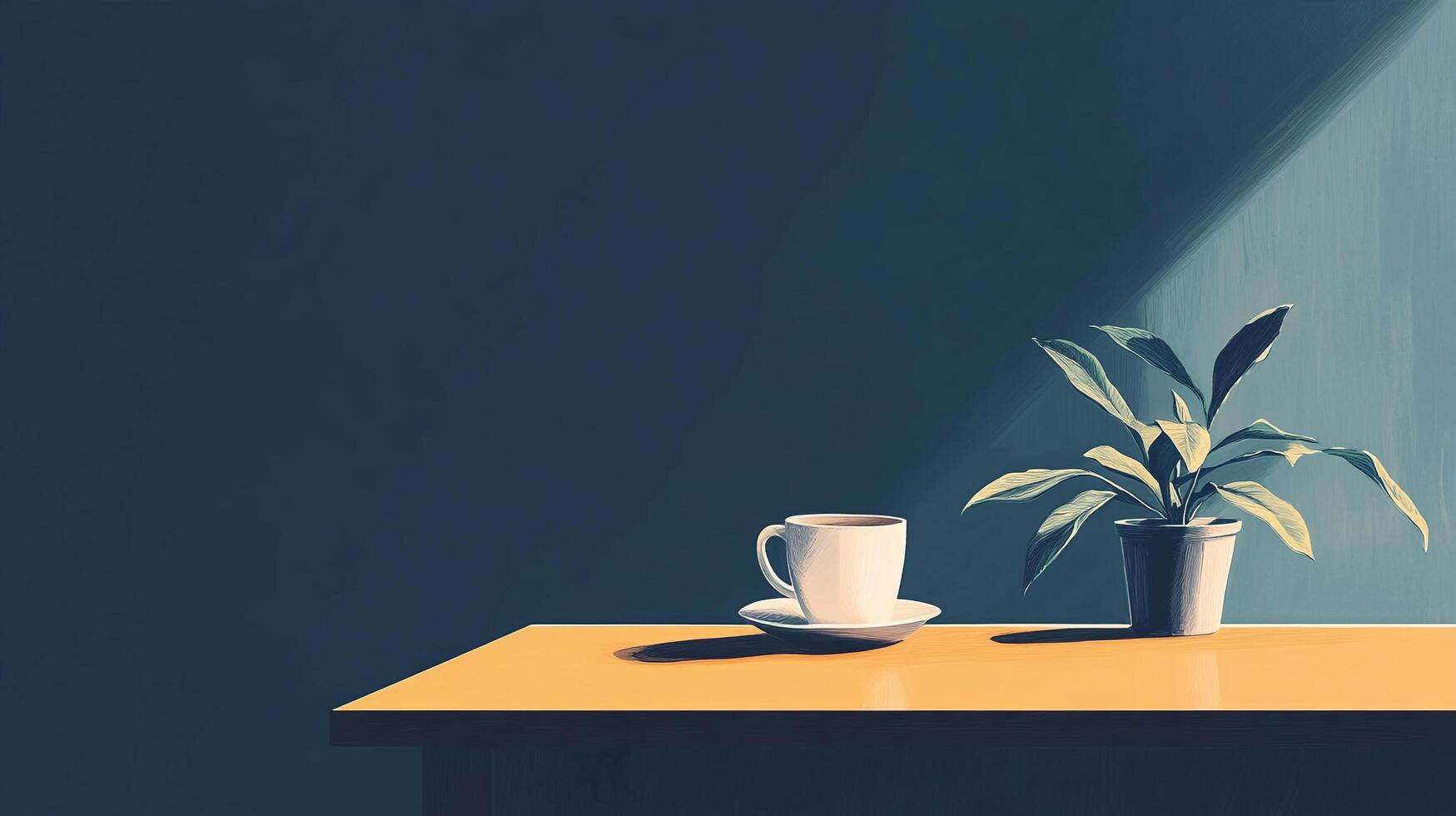 A serene still life composition featuring a coffee cup and a plant, illuminated by soft light, representing the calm and comforting aspects of daily life in a cozy setting. photo