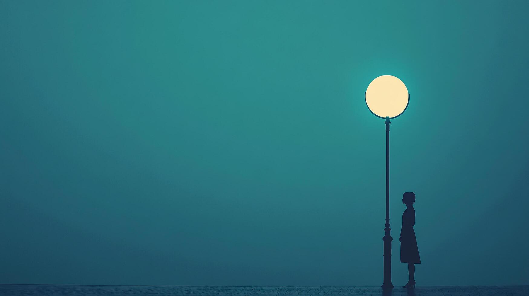 A person stands in profile under a large, glowing streetlight, creating a tranquil and contemplative atmosphere in a minimalist, surreal night setting. photo
