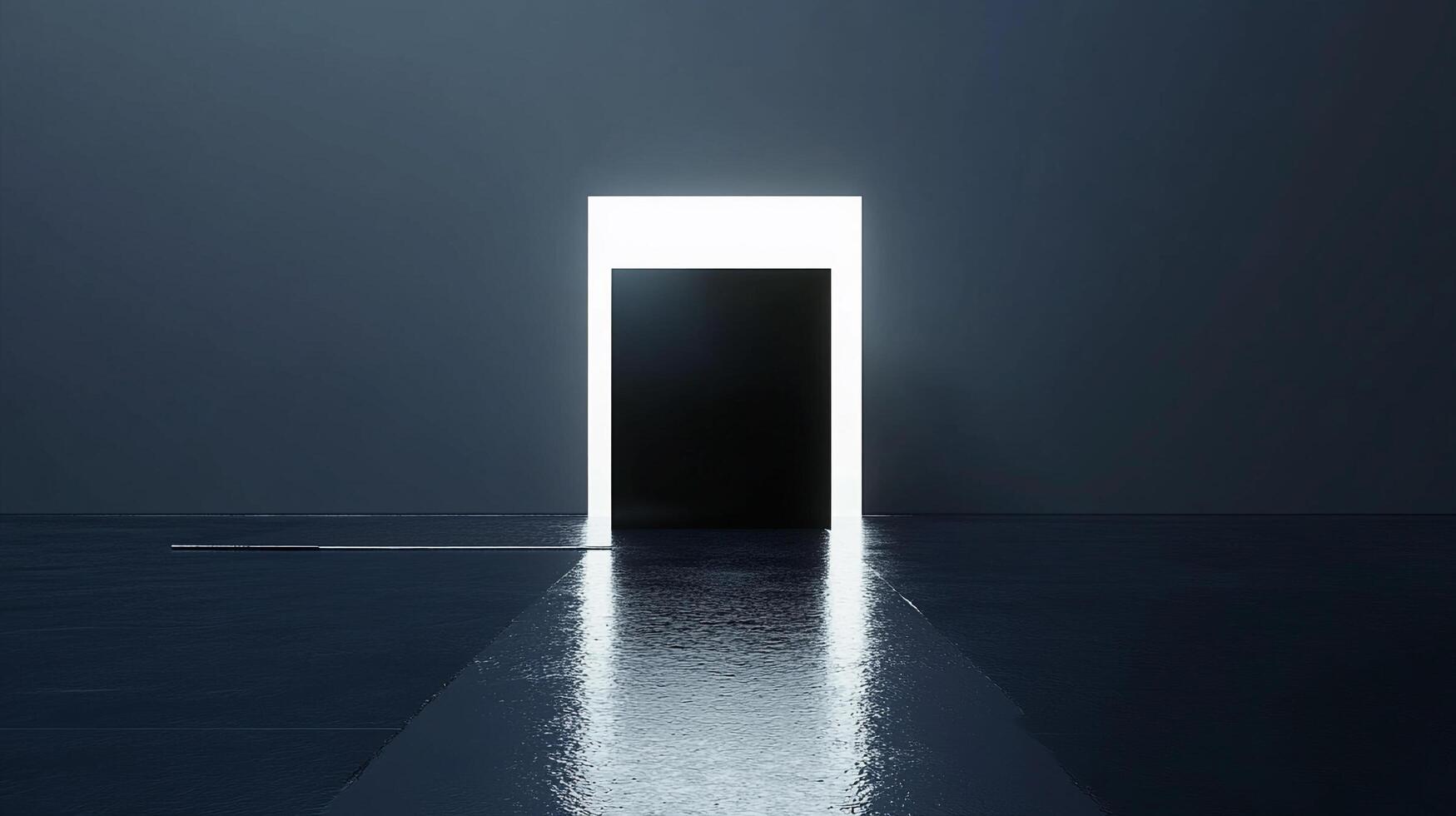 A striking illuminated doorway emerges from a dark, minimalist space, symbolizing opportunity, transition, and the potential for change in both life and design aesthetics. photo