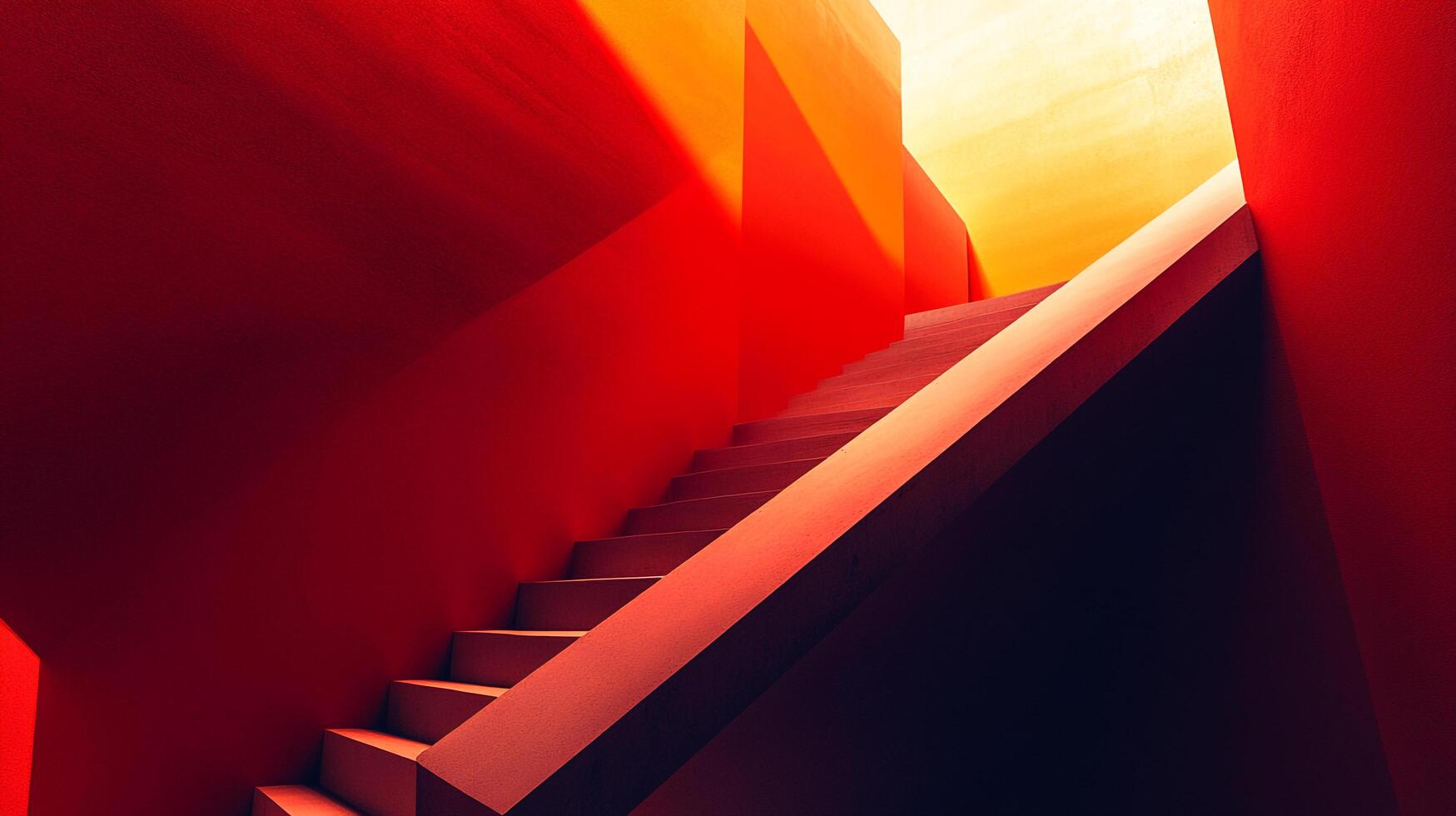 A captivating red staircase bathed in warm light, creating a dynamic interplay of colors and shapes, symbolizing ascension, passion, and the journey toward higher understanding. photo