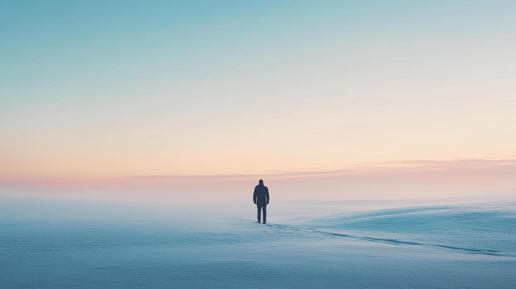 The photograph captures a solitary figure standing in a serene and vast snowy landscape, reflecting a sense of isolation and peace amidst the winter chill. photo