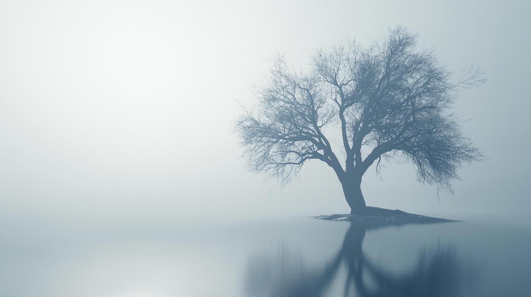 A solitary, leafless tree emerges from a misty lake, reflecting on the water's surface. The ethereal atmosphere creates a dreamlike quality, evoking feelings of isolation. photo