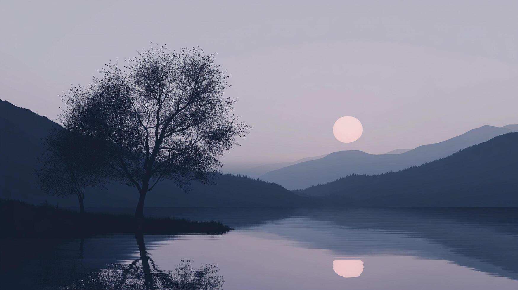A serene landscape features a still lake and a silhouetted tree under a moonlit sky, reflecting tranquility and peace, inviting contemplation into the harmonious relationship of nature. photo