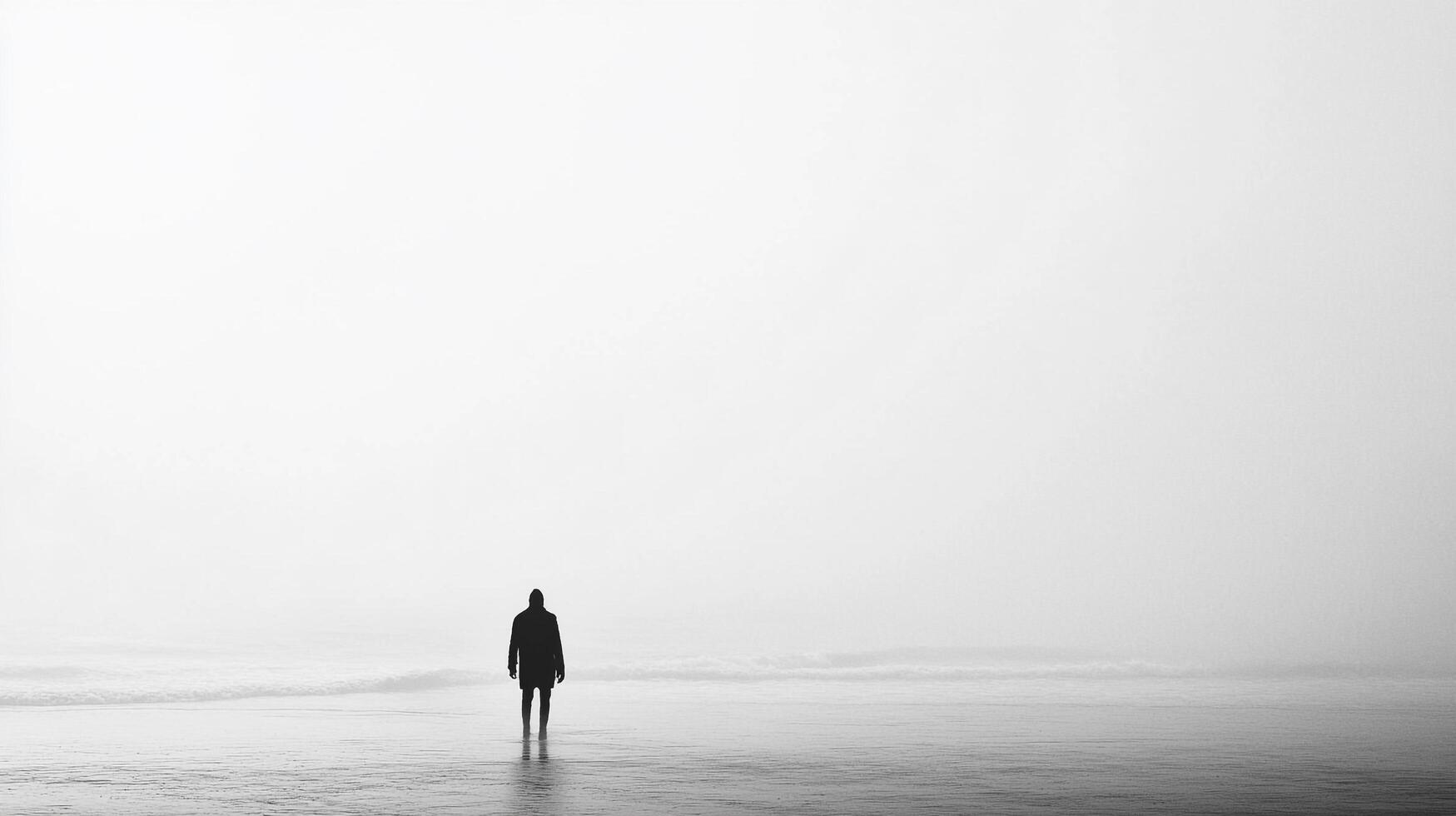 A lone figure standing on a coastal beach under misty conditions, creating a dramatic and introspective atmosphere that invites viewers to reflect. photo