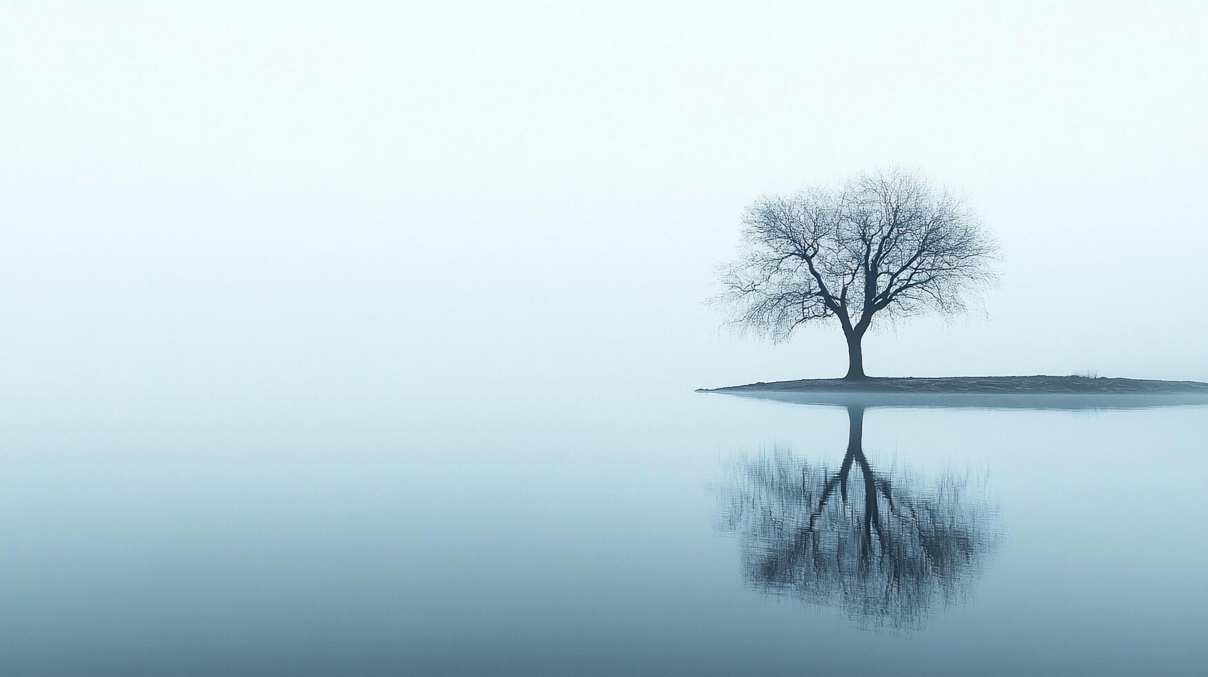 A lonely tree stands on an island in a foggy lake, its reflection merging with the serene water, evoking feelings of solitude and serene beauty in nature. photo