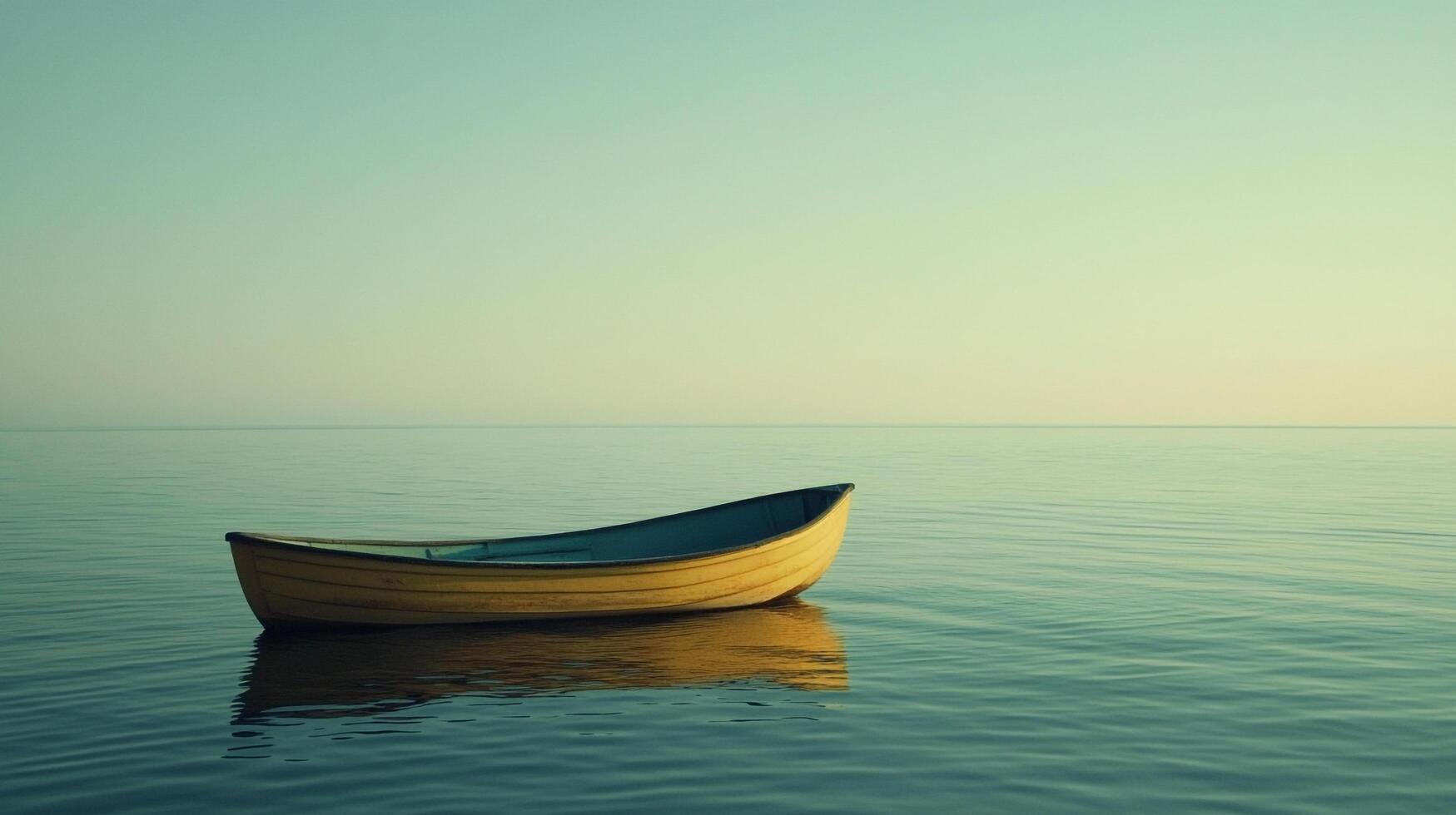 A solitary yellow boat floats peacefully on a calm water surface, symbolizing tranquility and solitude within an expansive, serene environment. photo