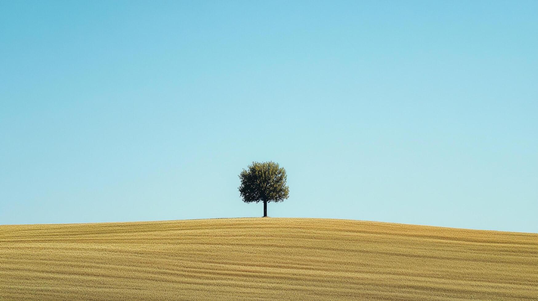 A solitary tree stands prominently on a golden field under a vibrant blue sky, symbolizing strength, resilience, and the beauty of nature's simplicity. photo