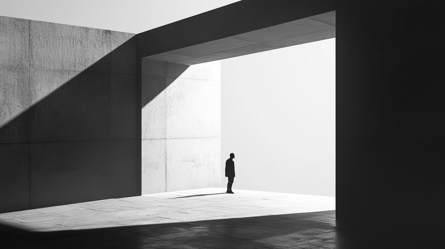 A figure stands in a stark, modern architectural space with bold contrasts of light and shadow, representing the duality of existence and emotional experience. photo