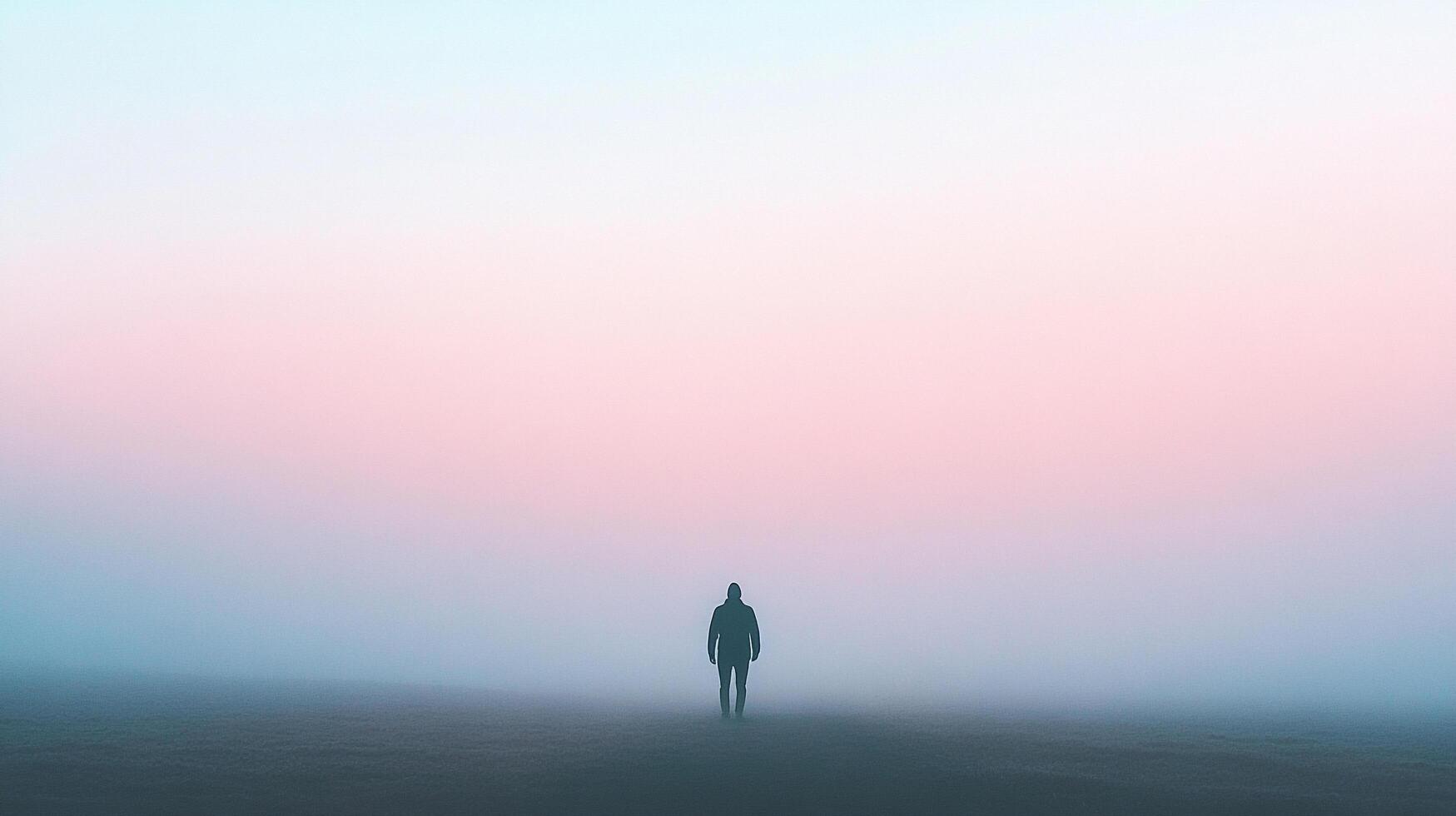 A lone figure is silhouetted against a beautiful pastel-hued foggy landscape, symbolizing mystery and the search for meaning in an ambiguous world. photo