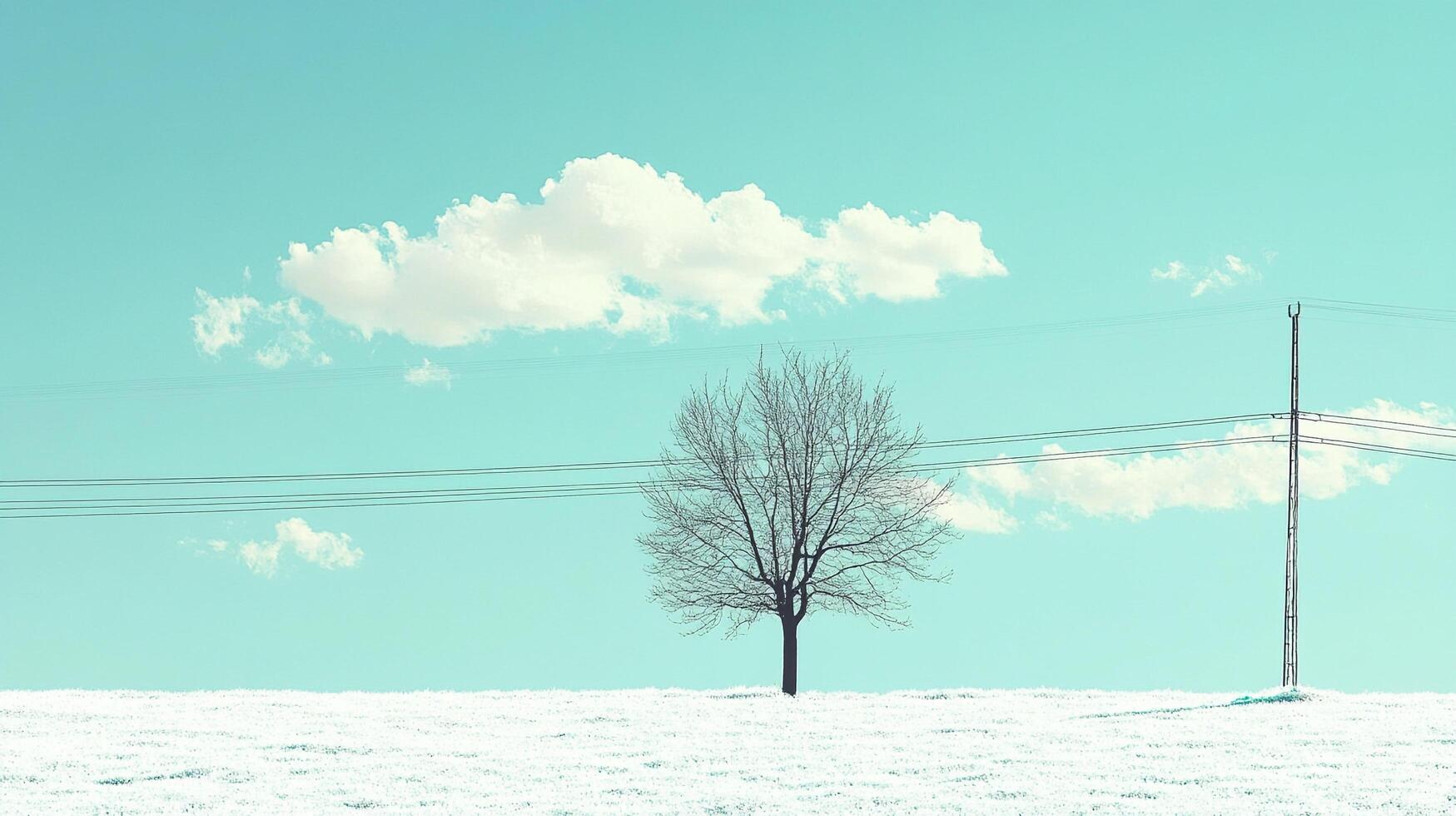 A solitary leafless tree stands prominently in a tranquil winter landscape, framed by a bright blue sky dotted with fluffy clouds and distant power lines. photo