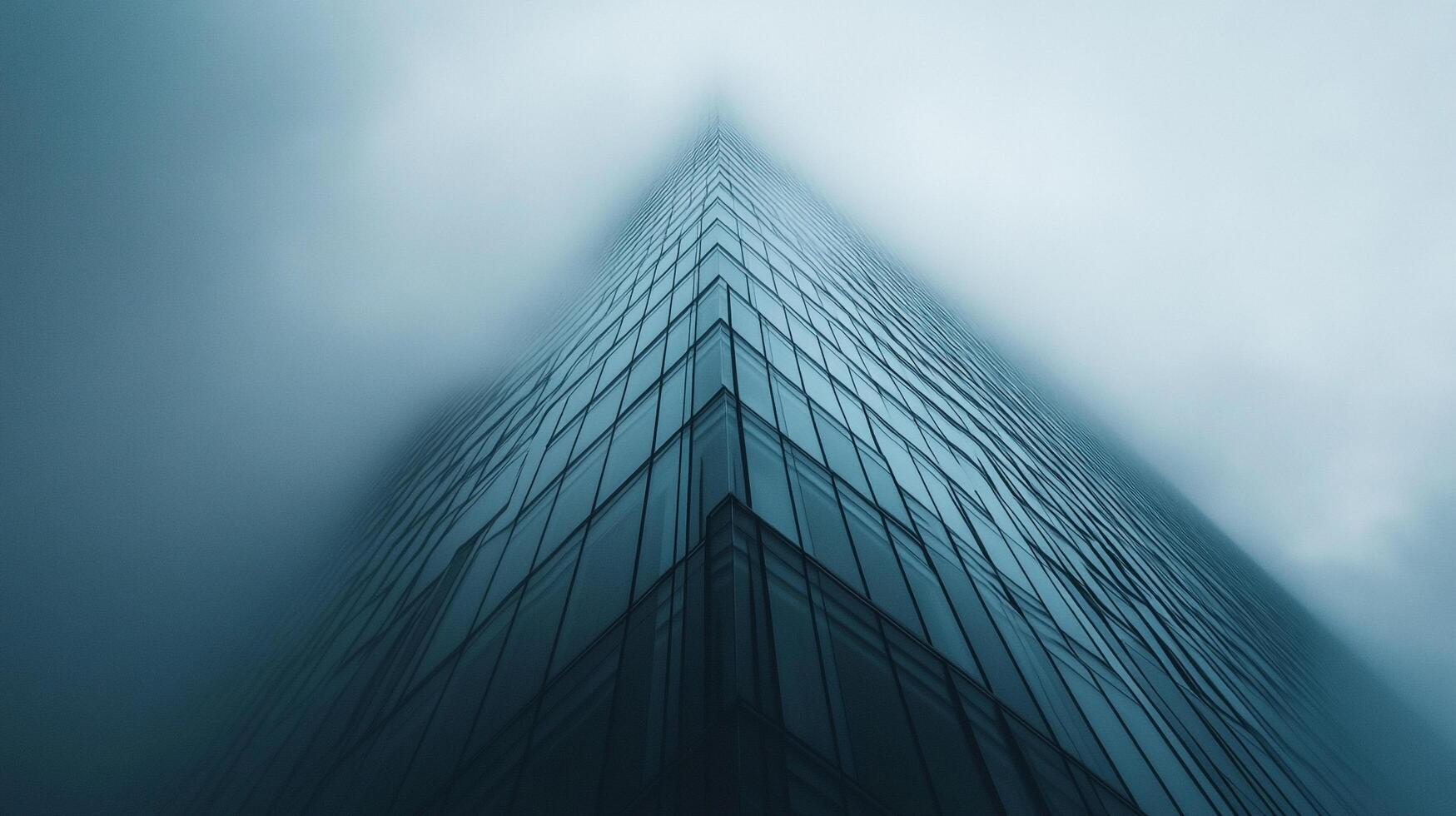 A striking image of a tall glass building reaching upwards into a foggy sky, capturing the essence of modern architecture and the ethereal beauty of urban landscapes. photo