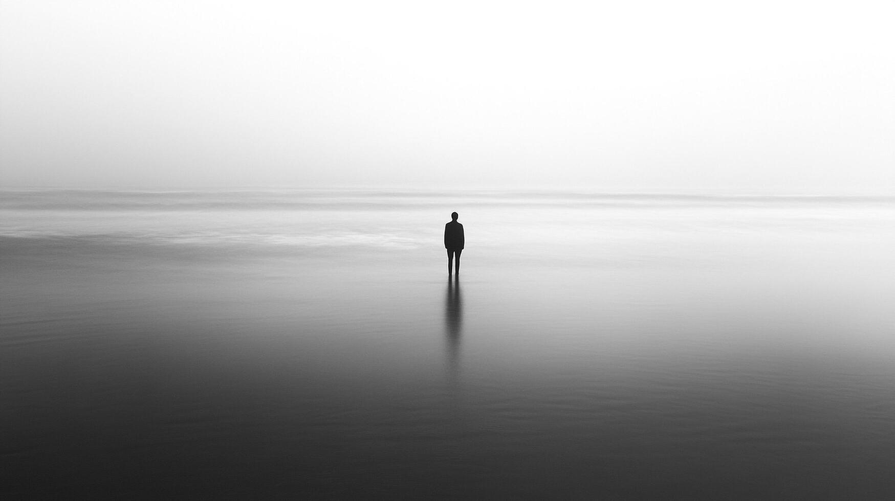 A mysterious figure stands alone in a foggy seascape, representing isolation and the unknown, enveloped by a serene yet eerie atmosphere of nature's beauty and uncertainty. photo