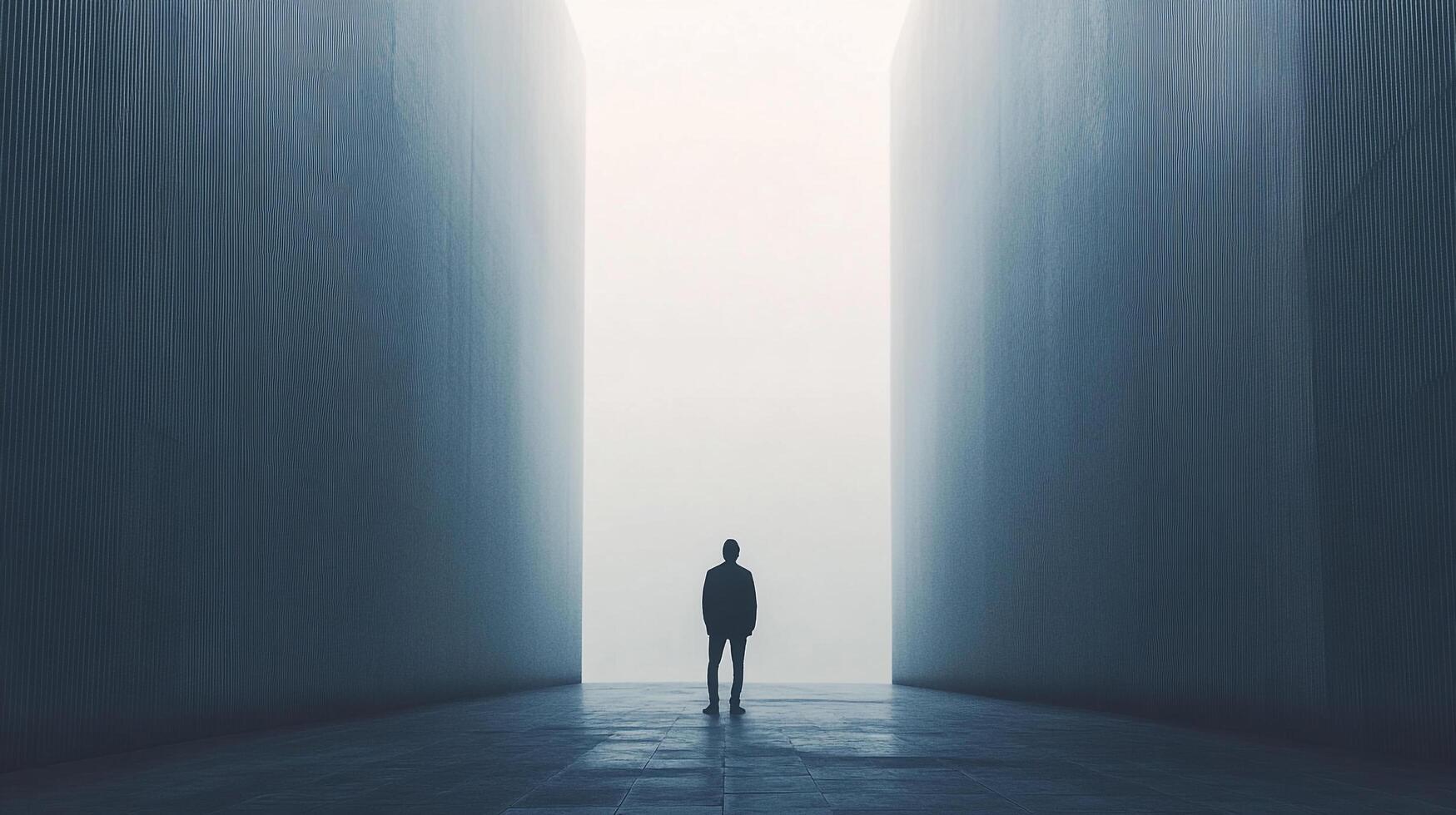 A figure stands amidst towering walls in a foggy setting, creating a powerful visual metaphor for human presence against the overwhelming nature of architectural spaces. photo