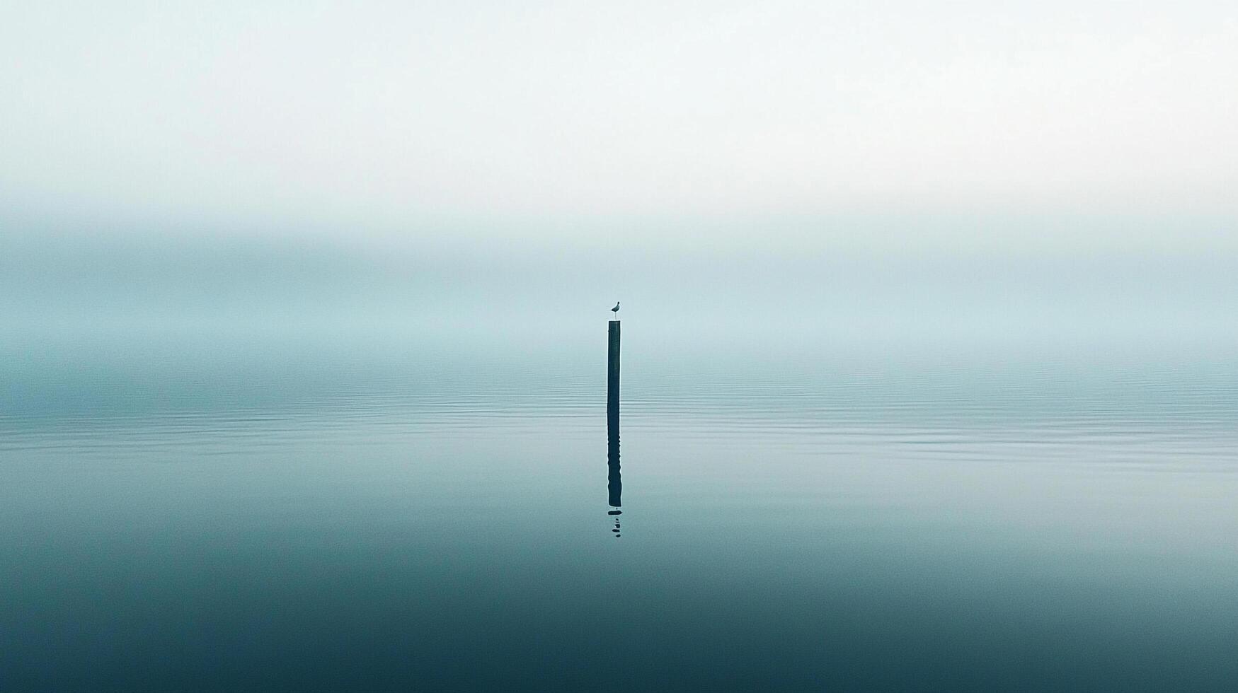 In a tranquil sea shrouded by fog, a solitary pole emerges with a bird perched atop, illustrating themes of isolation and the beauty of natural simplicity. photo