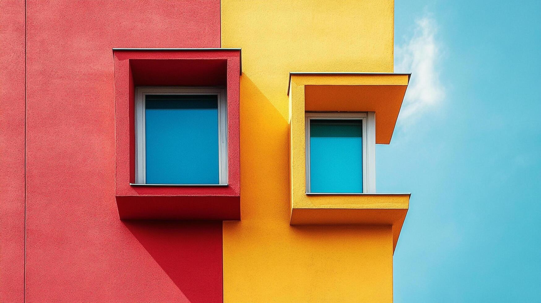 An eye-catching image showcasing bright red and yellow walls adorned with vibrant windows, creating a lively and artistic impact on viewers. photo