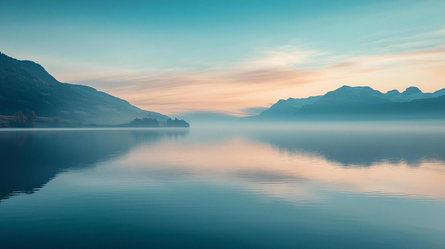 A serene lakeside view captured at dawn, showcasing the soft pastel hues of the sky reflecting in the still waters surrounded by tranquil mountains. photo