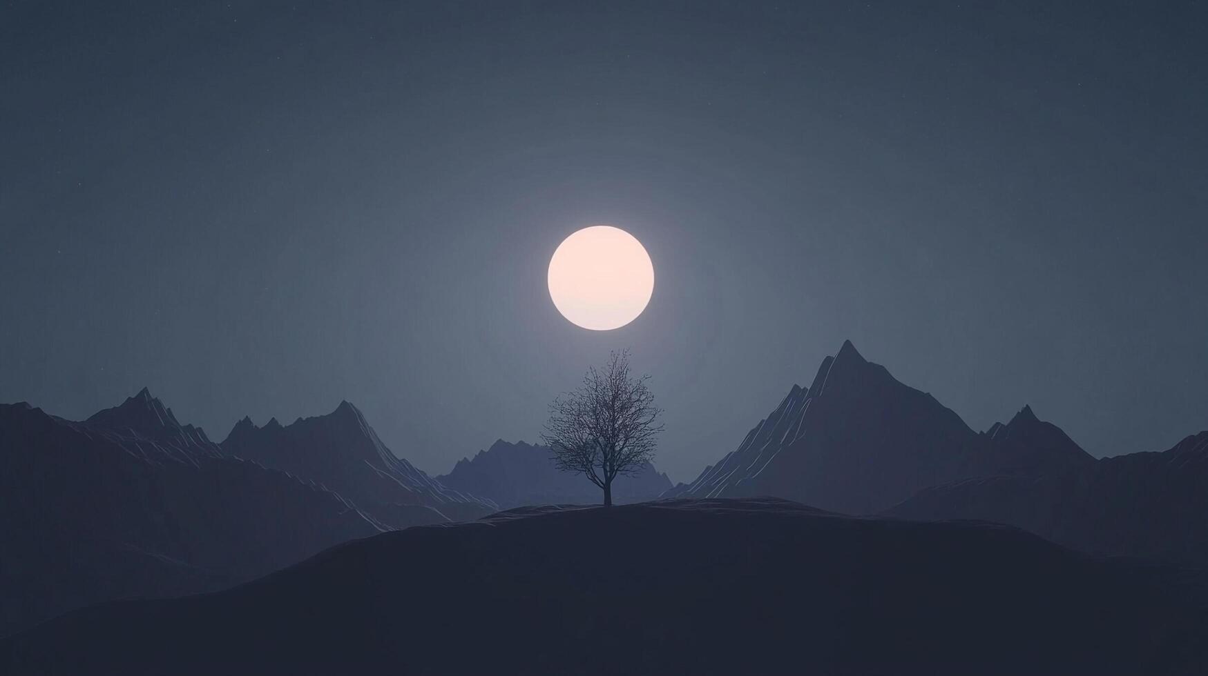 A solitary tree stands amidst shadowy mountains under the bright glow of a full moon, symbolizing strength, resilience and the beauty of isolation in nature's landscape. photo