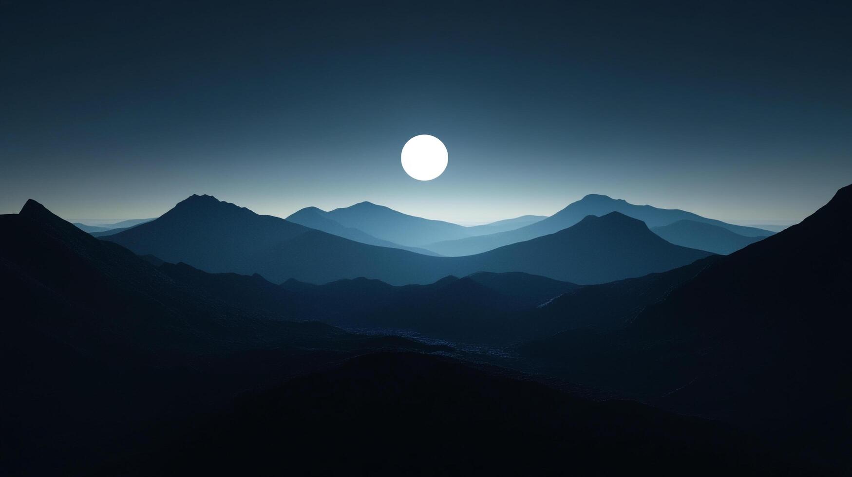 A captivating night scene presents dark, shadowy mountains illuminated by a bright moon, inviting viewers to explore a realm of mystery and calmness under the stars. photo