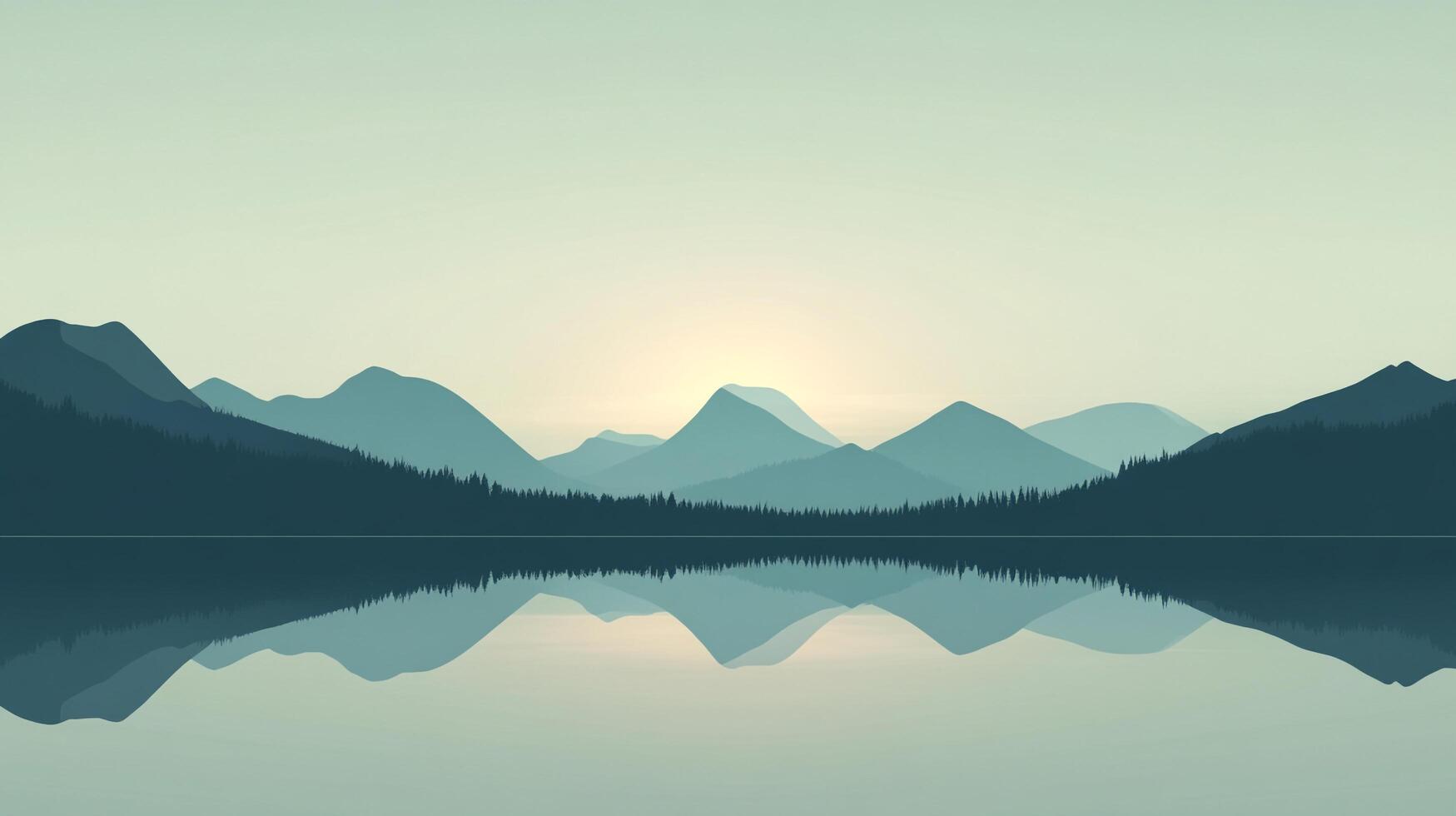 A minimalist landscape showcases mountains at sunrise reflected in still waters, creating a peaceful scene that celebrates the harmony between earth and sky in soft colors. photo