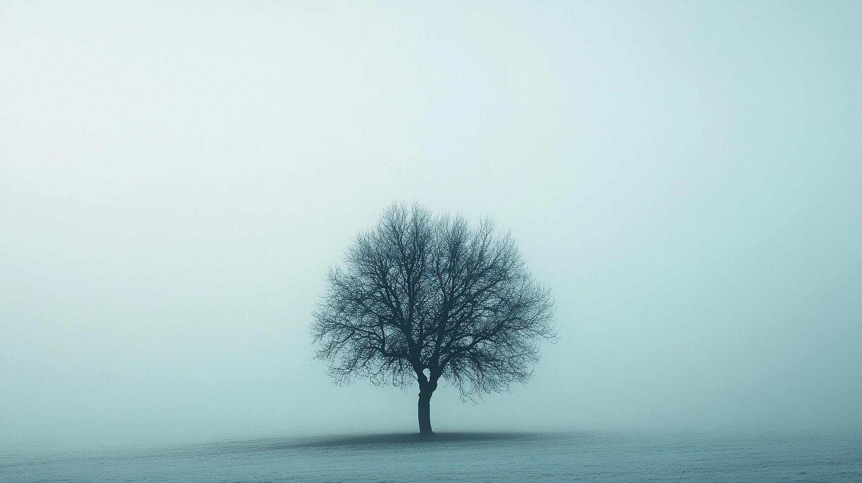 A single, leafless tree stands alone in a fog-covered field, presenting a poignant visual metaphor for isolation and resilience amidst vast emptiness. photo