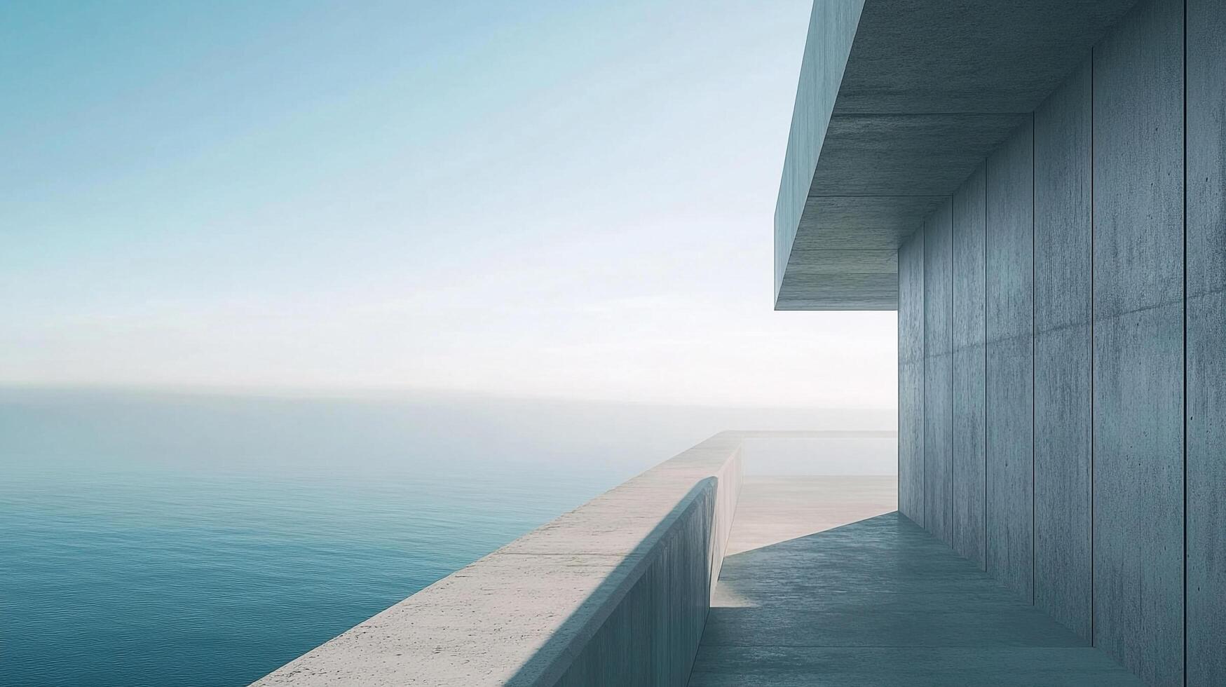 A minimalist architectural design creates a contrasting view of an infinite ocean, representing modernity and calmness, inviting contemplation and serenity in the setting. photo