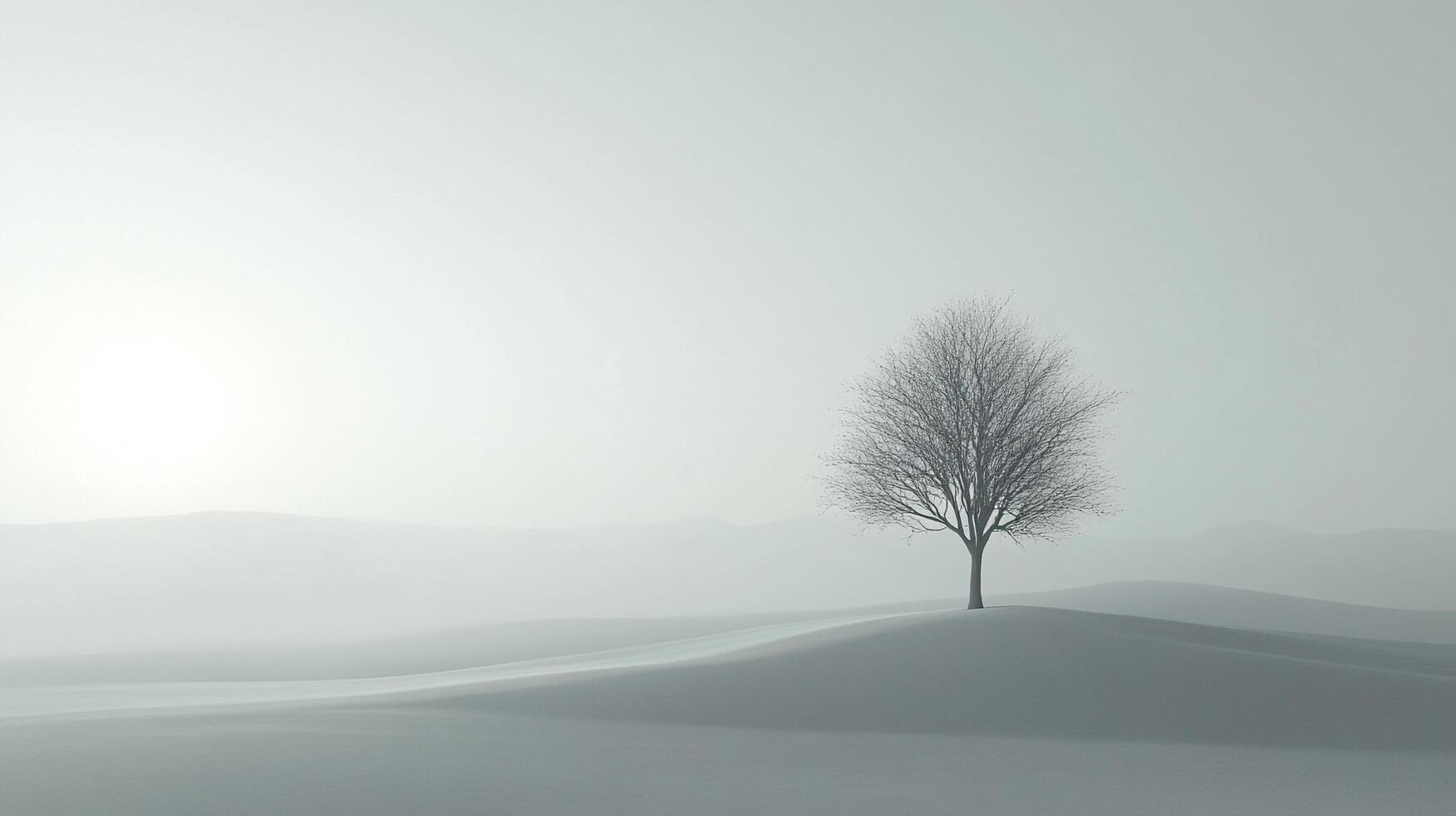 A solitary tree stands gracefully in a misty snowy landscape, symbolizing resilience and solitude, capturing the beauty of winter's stillness in a minimalist style. photo