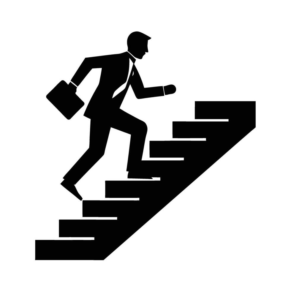 Business person running up stairs silhouette flat symbolizing career advancement momentum vector