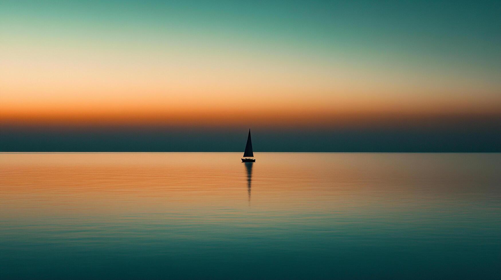 This serene image captures a tranquil sunset reflecting on a calm water surface, with a solitary sailboat enhancing the peaceful atmosphere of the scene. photo