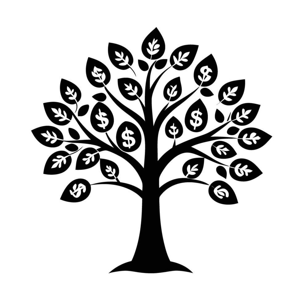 Modern growing money tree silhouette flat on white for organic wealth expansion vector
