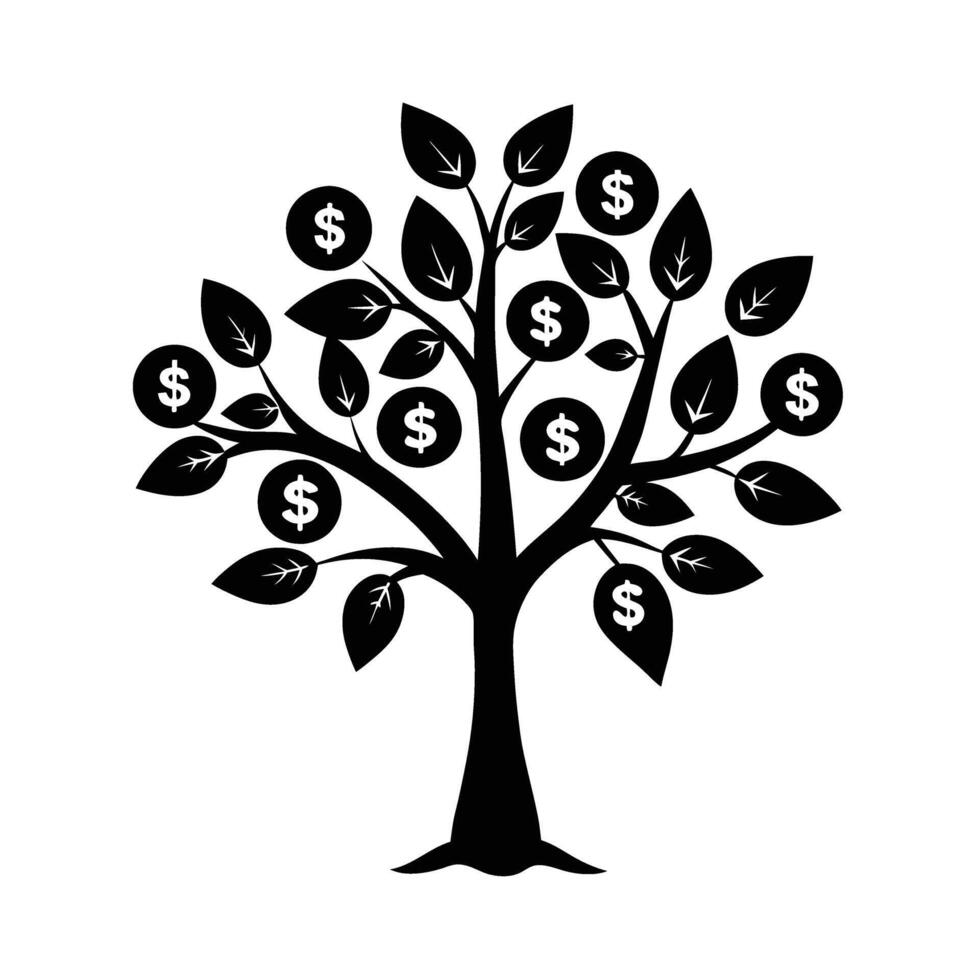 Business growing money tree silhouette flat on white for sustainable financial growth vector