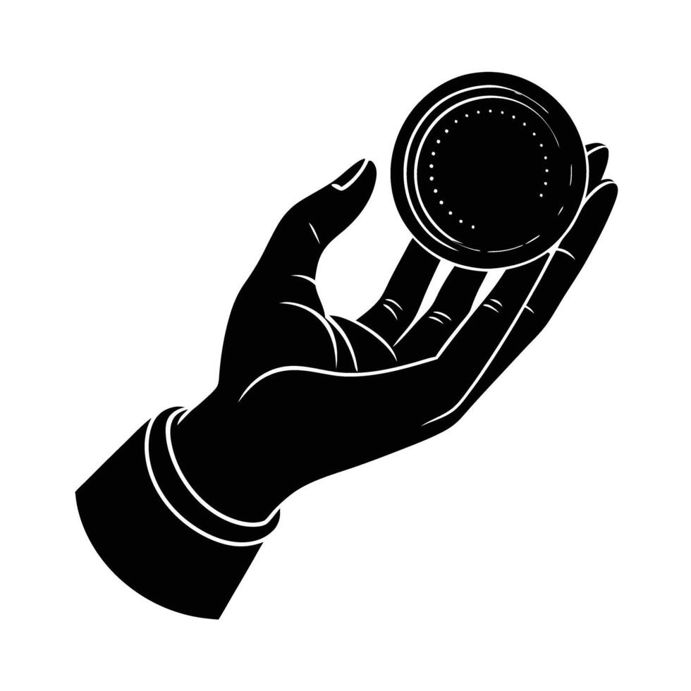 Business hand holding a gold coin silhouette flat on white for premium financial assets vector