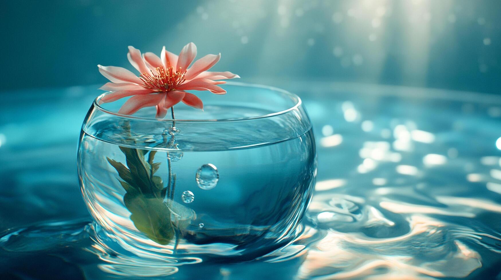 A delicate pink flower floats gracefully in a glass bowl of clear water, symbolizing beauty, purity, and calmness, amidst bubbles that add a lively touch. photo