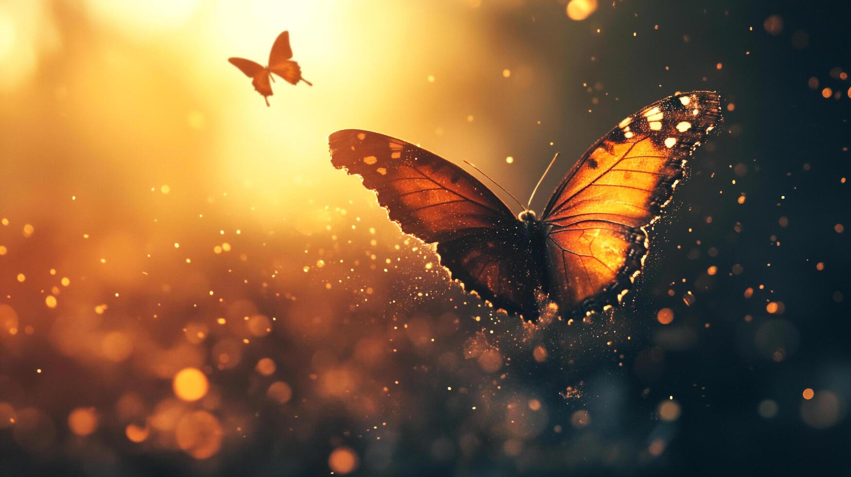 A captivating scene of butterflies fluttering in a golden sunset, creating an enchanting atmosphere filled with warmth, freedom, and beauty. photo