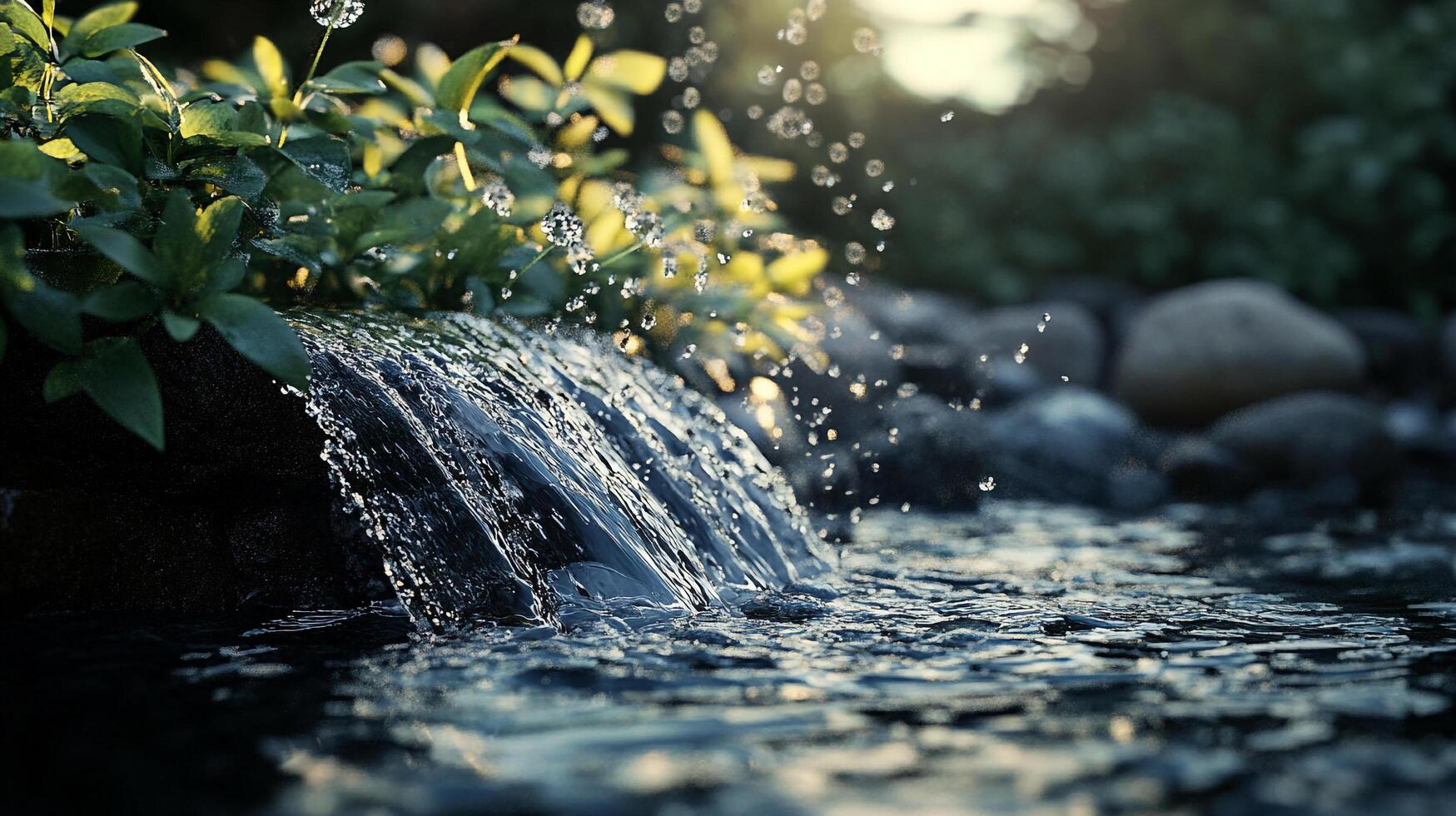 A beautiful image of a gentle waterfall cascading over rocks, surrounded by lush greenery, creating a refreshing and tranquil atmosphere perfect for nature lovers. photo