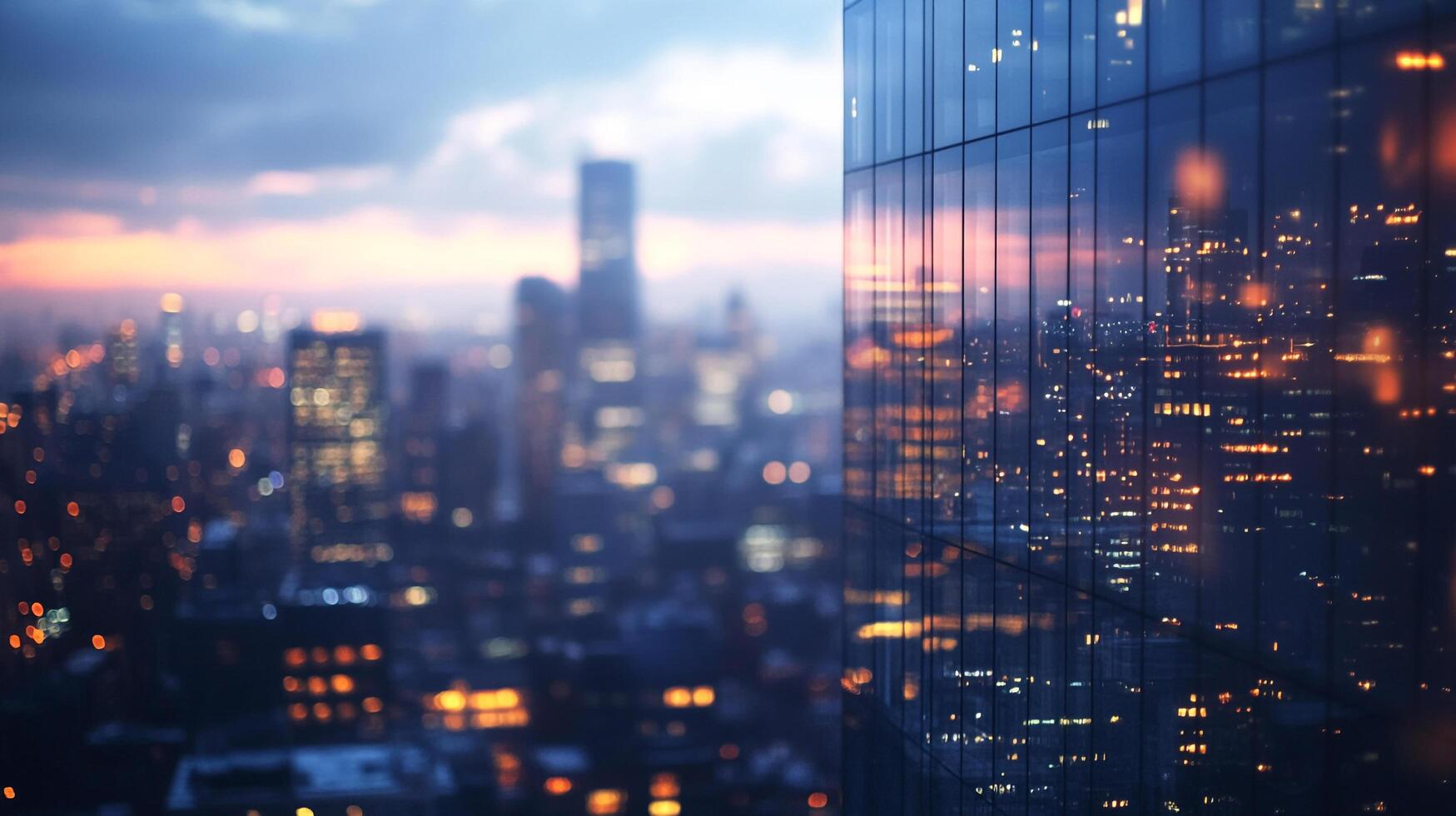 The city skyline captured at dusk showcases mesmerizing reflections on glass buildings, highlighting the vibrant lights and urban beauty in a captivating view. photo