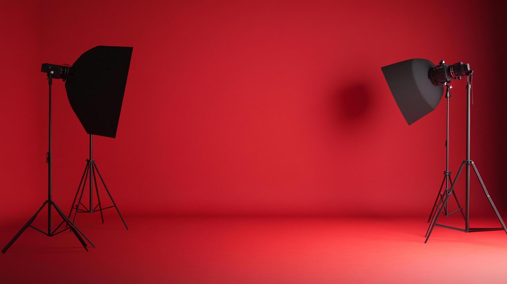 An elegant setup for a professional photography studio, showcasing softboxes and lighting equipment against a vibrant red backdrop, ready to capture stunning images. photo