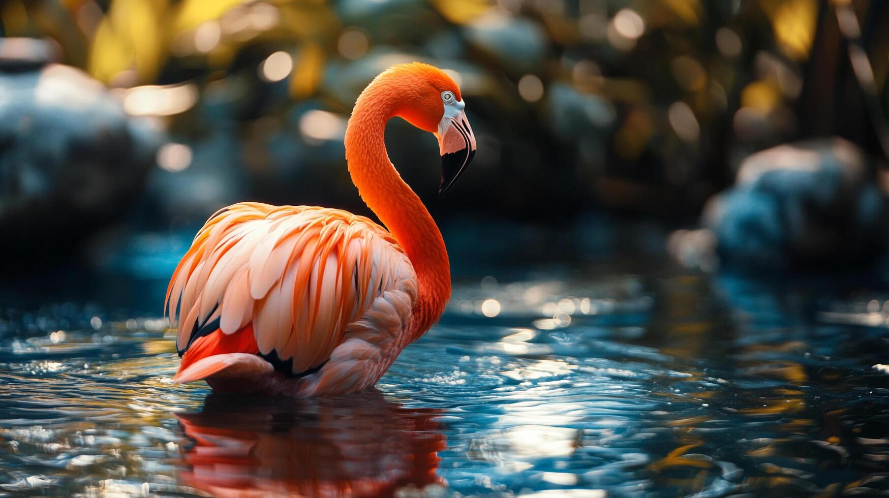 A striking flamingo wades gracefully through clear blue waters, showcasing its vibrant plumage and elegance in a serene natural setting. photo
