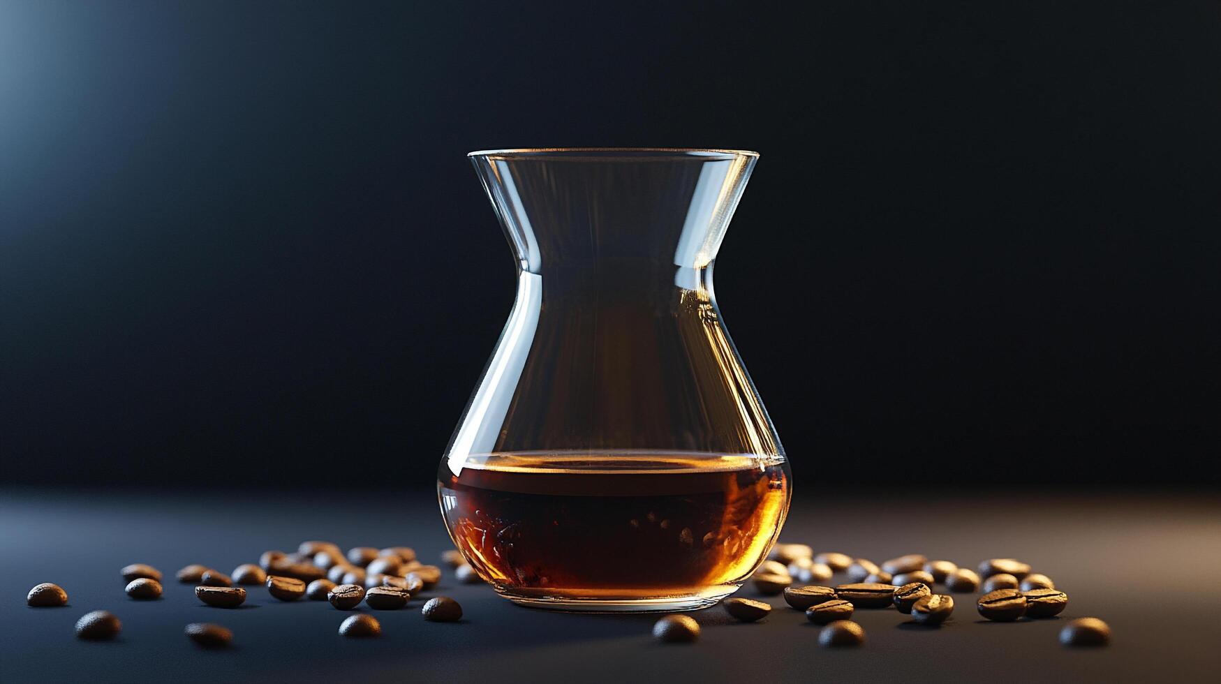An elegant glass carafe filled with freshly brewed coffee, surrounded by coffee beans, emphasizing a warm and inviting atmosphere for coffee lovers. photo