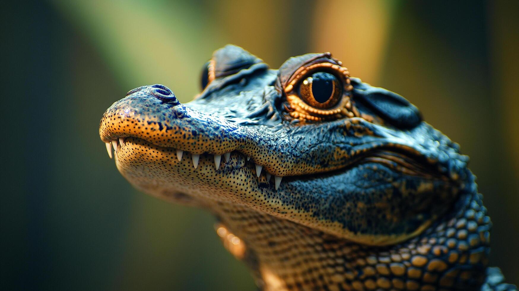 A stunning close-up of a crocodile showcases its intricate details, highlighting its fierce expression and powerful features in a captivating and mesmerizing way. photo